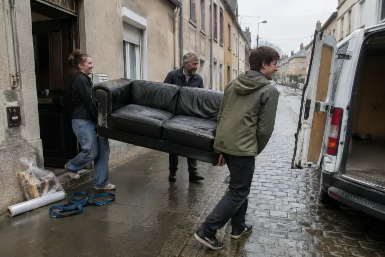 Trois hommes sortent un vieux canapé en simili cuir noir craquelé d’une maison de ville vers une camionnette blanche, un matin de bruine