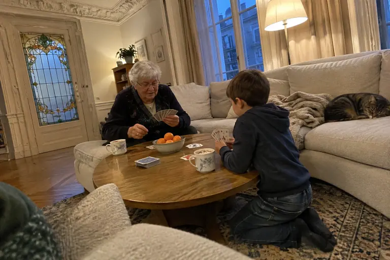 Une grand-mère et son petit-fils jouent aux cartes sur une table basse ronde en chêne, dans le creux d’un canapé d’angle beige, un soir d’hiver