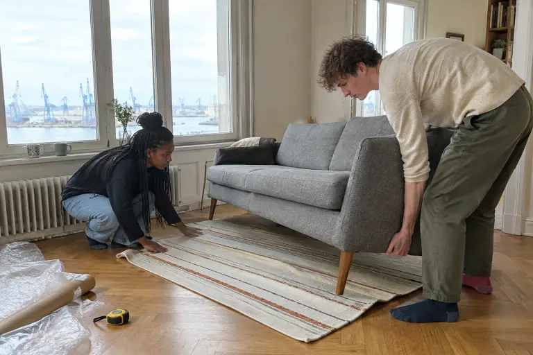Deux colocataires glissent un grand tapis crème à rayures sous les pieds avant d’un canapé gris, dans un appartement lumineux du Havre