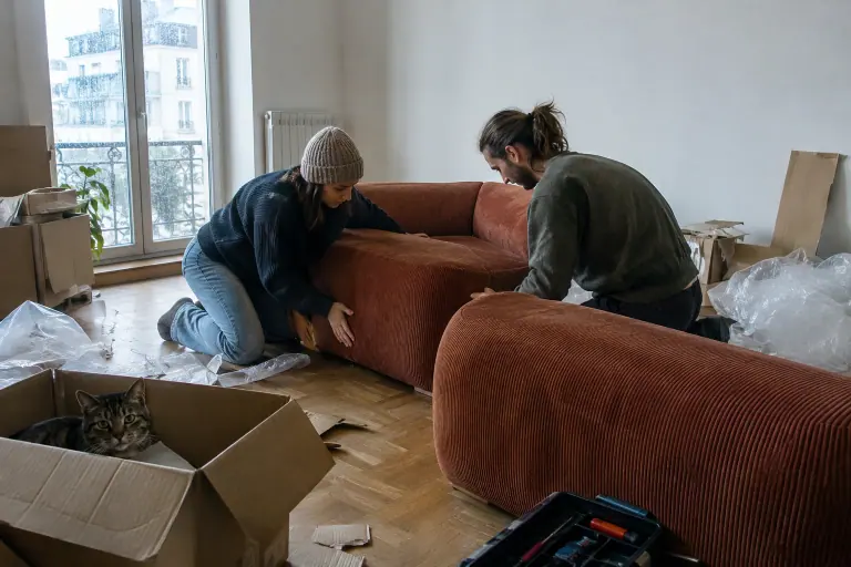 Un jeune couple assemble les modules d’un canapé bas arrondi en velours côtelé rouille, entouré de cartons, un chat installé dans une boîte