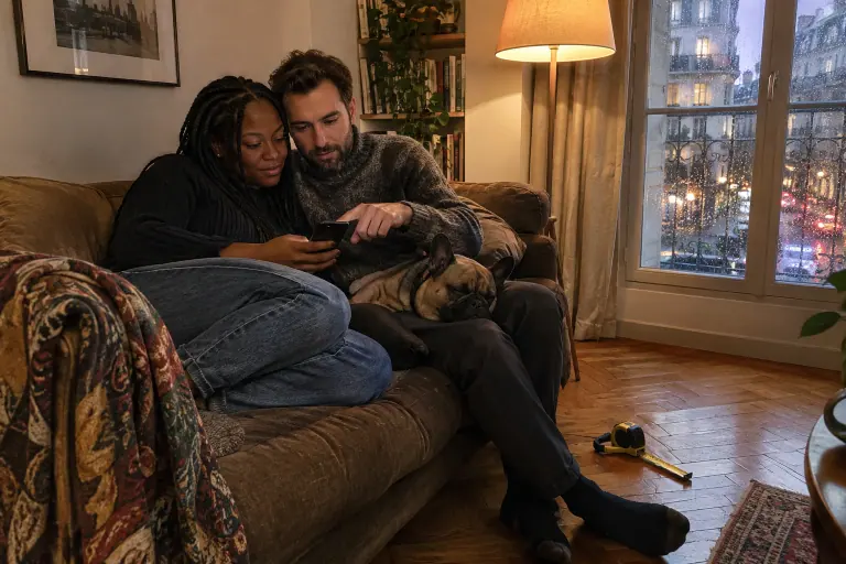 Un couple assis sur un vieux canapé marron affaissé compare des modèles sur un téléphone, un bouledogue endormi contre eux, dans un appartement haussmannien